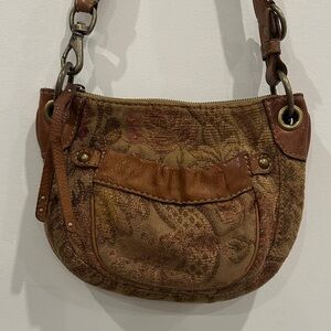 Vintage Fossil Tapestry and Leather Floral Crossbody Handbag